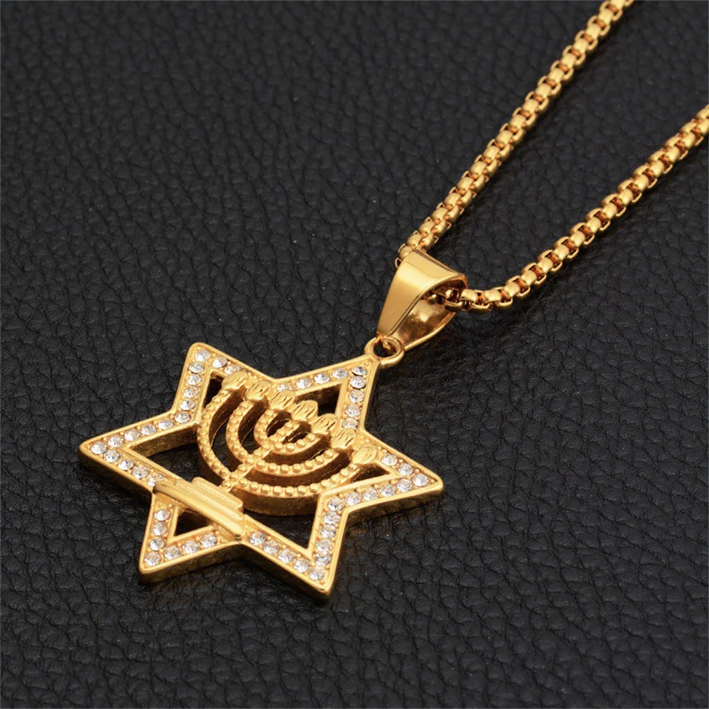 الهيب هوب مثلج خارج نجمة داود قلادة الذكور الذهب اللون الفولاذ المقاوم للصدأ الشمعدان قلادة للرجال اليهودية مجوهرات الحفلات هدية #5