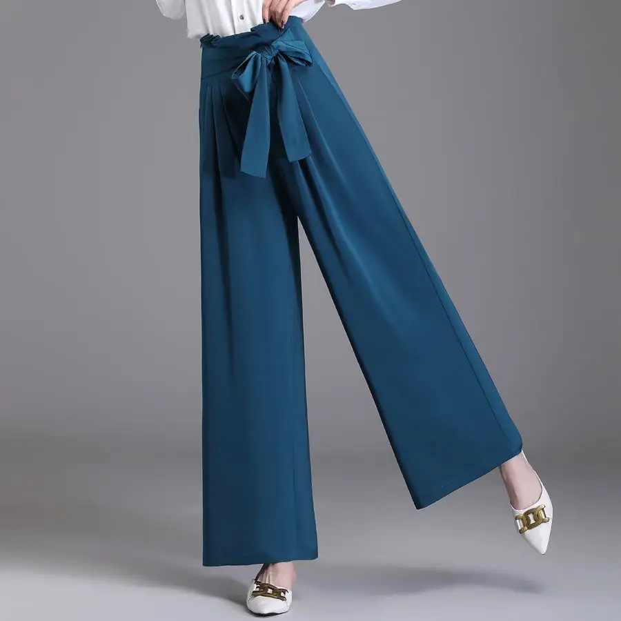 

New High Waist Wide Legged Pants For Clothes Women Smooth Loose Bow Fashion Bell Bottoms Trousers Bandage White Red Blue