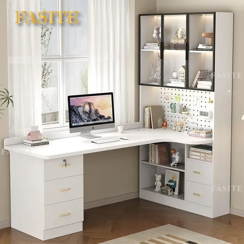 For Solid Wood Corner Desk with Bookshelf Integrated Computer Table Light Luxury Bedroom Study Furniture Space Saving Design
