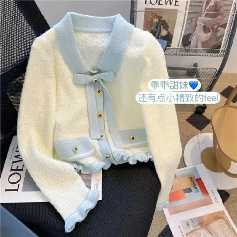 

Ladies Spring Autumn New Loose Small Fragrant Bow Knit Sweater Cardigan High-Quality Jacket Women's Single-Breasted Coat Female