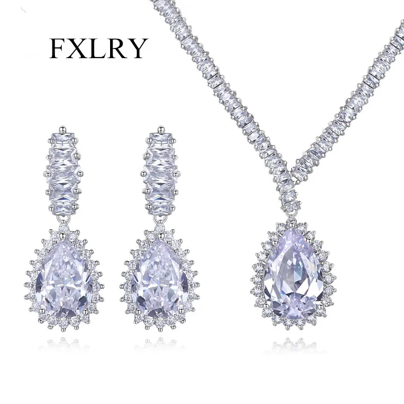 

FXLRY High Quality Cubic Zircon Earring And Necklace For Women Wedding Bridal Jewelry Set Accessories