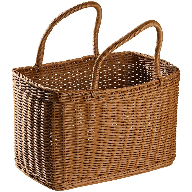 

1 PCS Woven Wicker Baskets Picnic Handle Storage Rattan Market Basket Flower Handles Straw Fruit Gift Shopping Hand Tote Brown