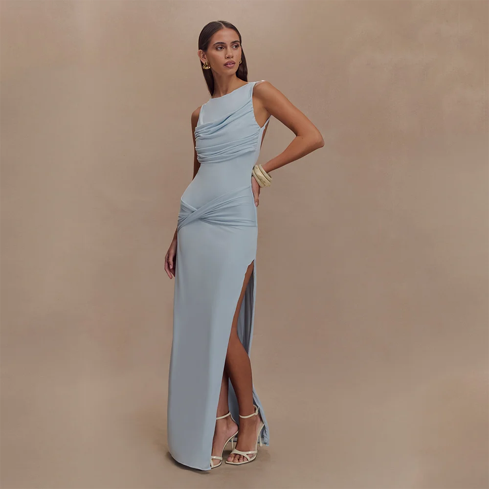 Proste sukienki wieczorowe z plisami, dekolt łódka, bez rękawów, proste suknie wieczorowe do ziemi, sukienki na studniówkę, sukienka szyta na miarę 2025