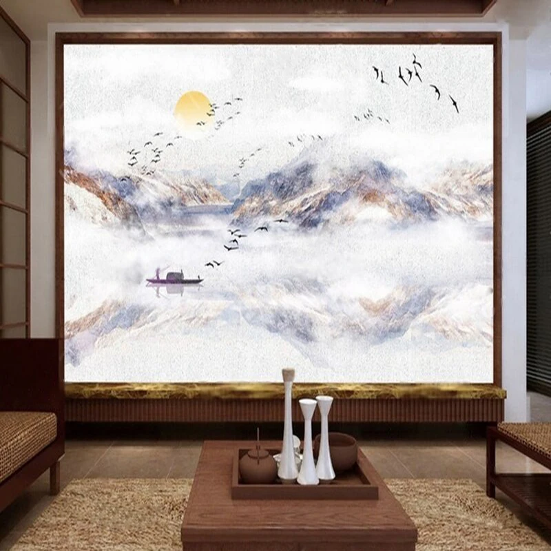 Chinese Feng Shui Ink Painting Artistic Conception Landscape Elegant Mountain Ranges Rural Scenery Poster For Living Room Wall