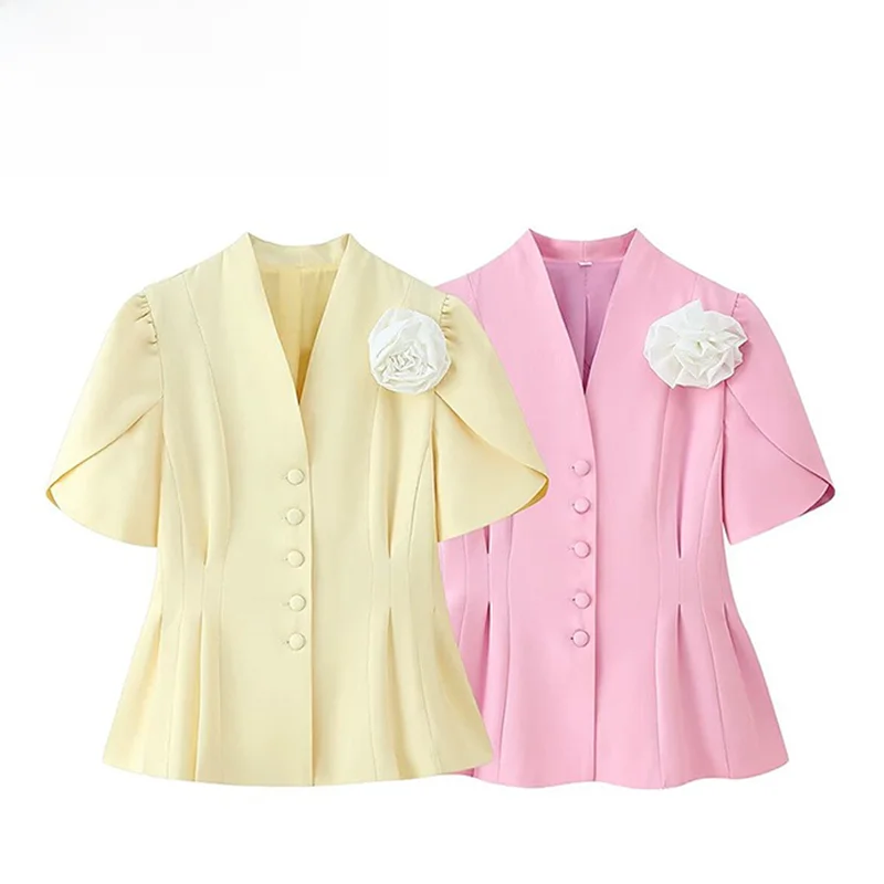 

Spring New ZR Women's Fashionable Pure Color Pleated High Collar Jacket Simple Stylish Polyester Fiber Short Sleeve Shirt