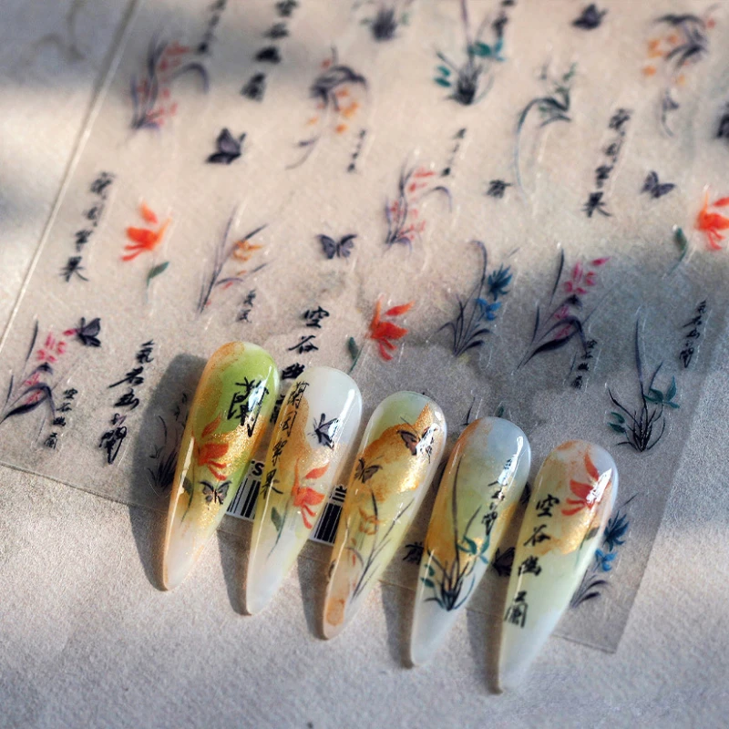 Water Ink Orchids Ancient Poetry Chinese Style 3D Self Adhesive Nail Art Stickers Flowers Bamboo Bird Manicure Decals Wholesale