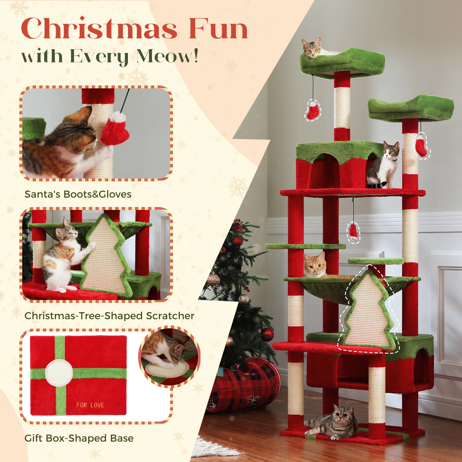 Weihnachts-Katzenbaumturm mit rot-grünem Eigentumswohnung, mehrstufiger Katzenturm mit Sisal-Kratzbäumen, Katzenmöbel für Hauskatzen – Detail 17