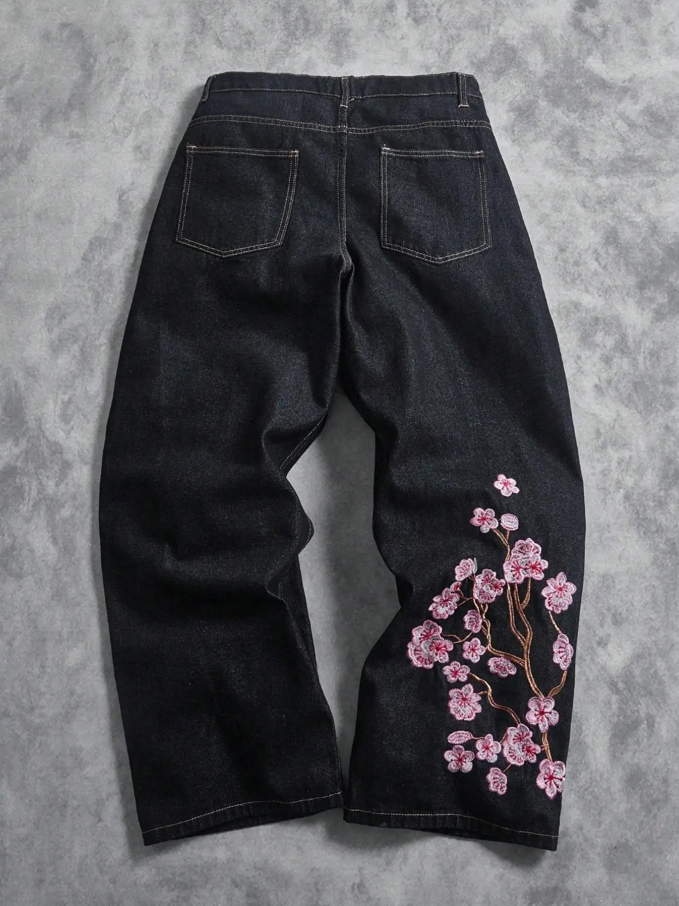 High Street Vintage Plum Blossom Embroidered Black Baggy Jeans Y2K Street Hip Hop Fashion Versatile Wide-Leg Pants Men