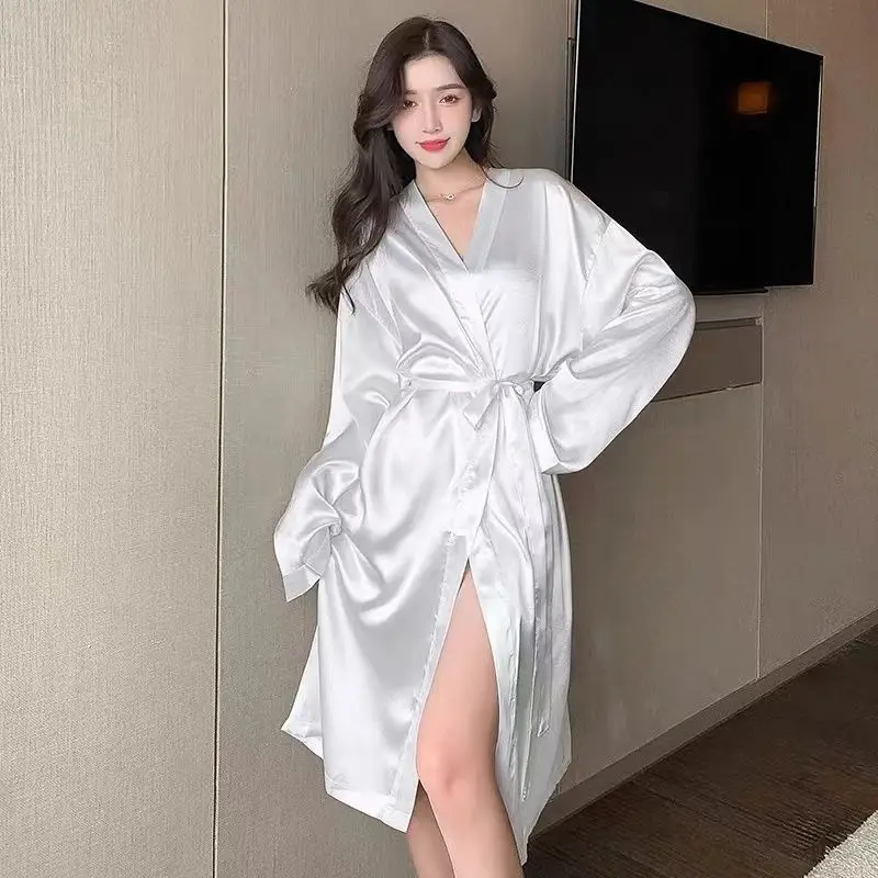

Women's Pajamas Spring and Autumn Ice Silk Thin Solid Color Cute Home Sleep Dress Bathrobe Loose Home Wear Morning Robe