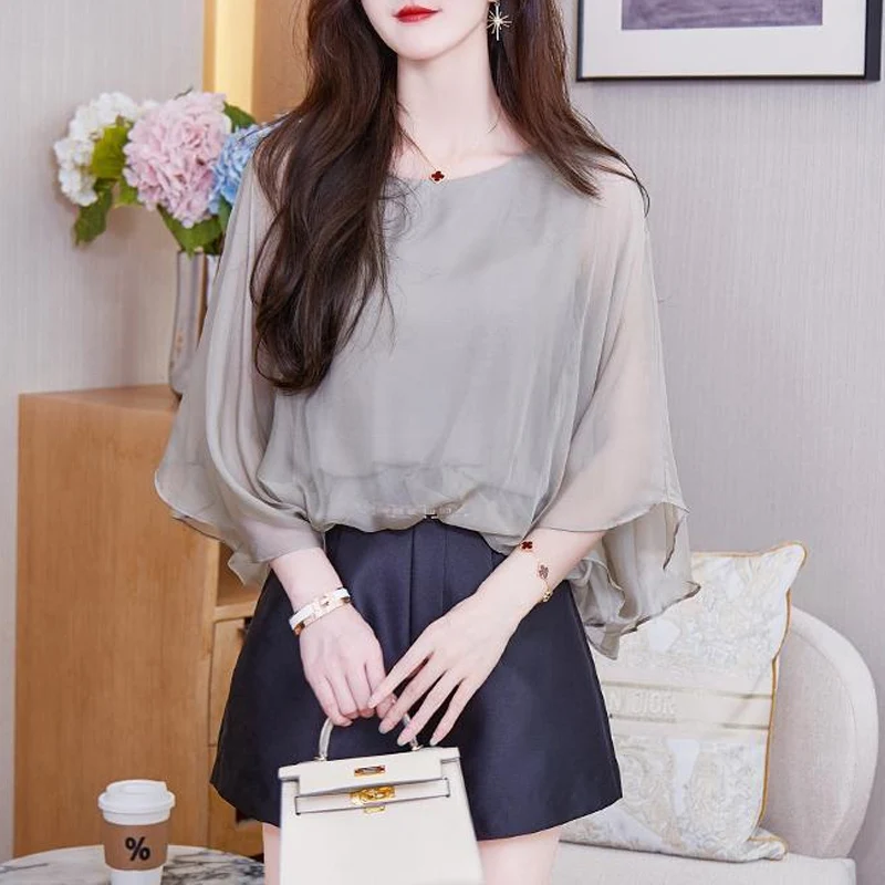 Summer New Round Neck Fashion Three Quarter Blouse Women Solid Color Casual Loose Pullovers Elegant Comfortable All-match Tops