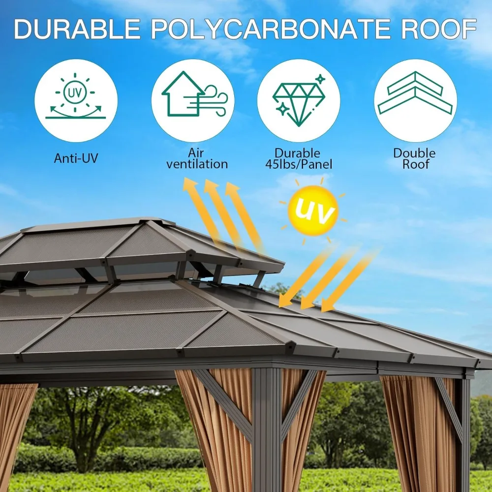 10'x13' Hardtop Gazebo, Outdoor Polycarbonate Double Roof Canopy, Aluminum Frame Permanent Pavilion with Curtains and Netting,