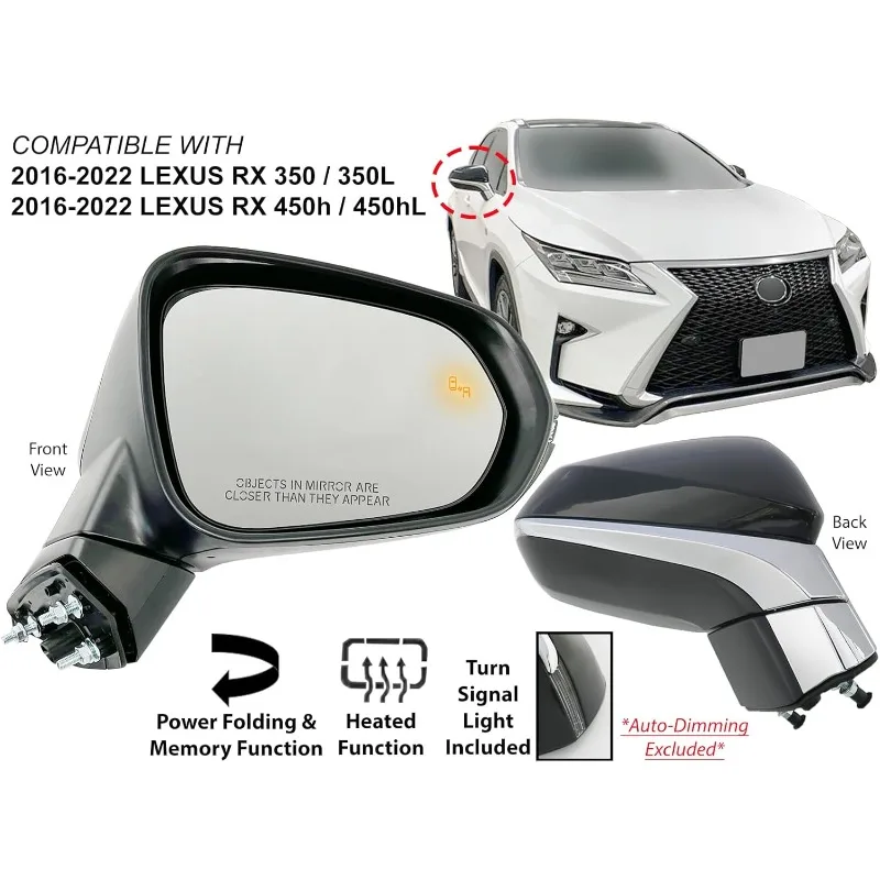 Substituição APA para espelho retrovisor dobrável com memória de luz de sinal de volta aquecida BSD 2016-2022 RX350 RX350L