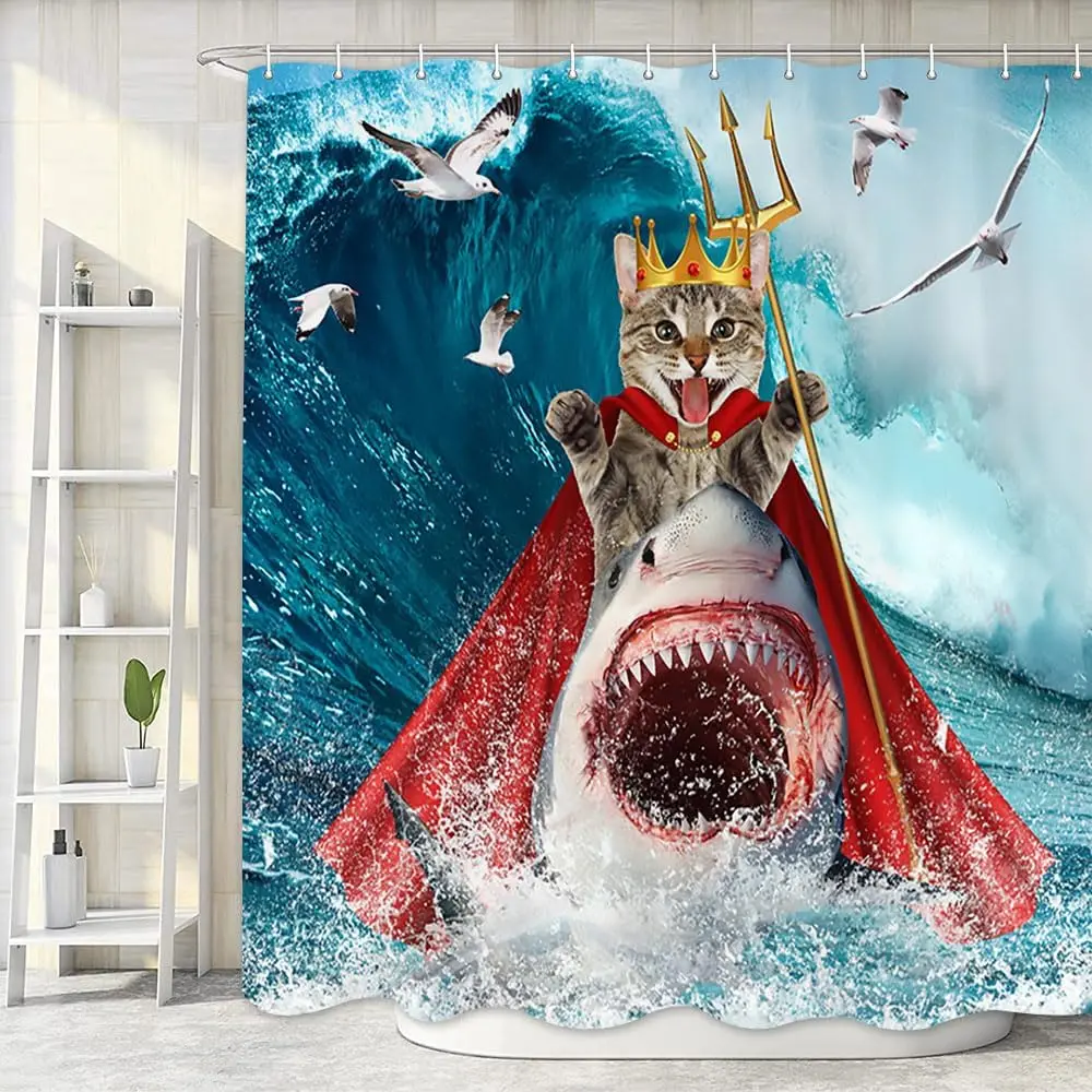 Funny Cat Shower Curtain, Riding Shark Ocean Theme Hilarious Cool Fun Blue Ocean Wave Animal Nautical Whale Boys Bathroom Decor