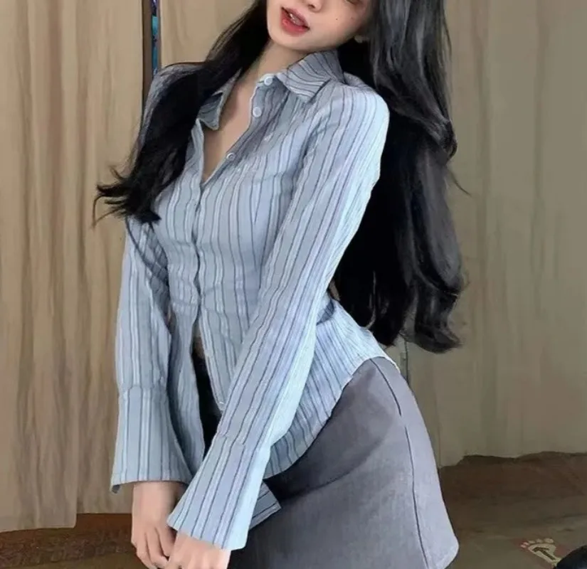 Vintage Gestreepte Shirts Vrouwen Y2k Damesblouses Sexy Slanke Lange Mouw Tops Dames Streetwear Koreaanse Populaire Kleding Vrouwen