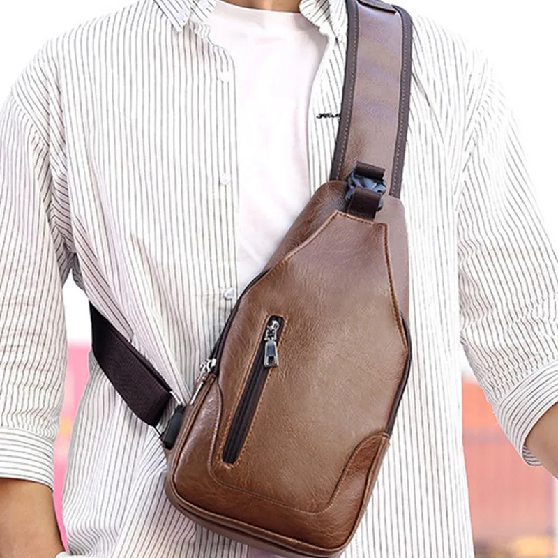 Men\'s USB Chest Bag Designer Messenger Crossbody Package PU Leather Shoulder Bags Diagonal Package Travel Chest Bag Bolso Hombre