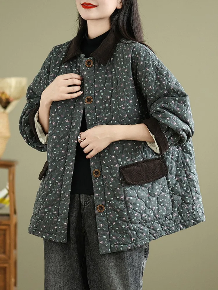 

Retro Floral Print Thiened Cotton Jaet Women's Winter Coat Loose Warm Color Blo Cotton Outerwear Mom's Clothing