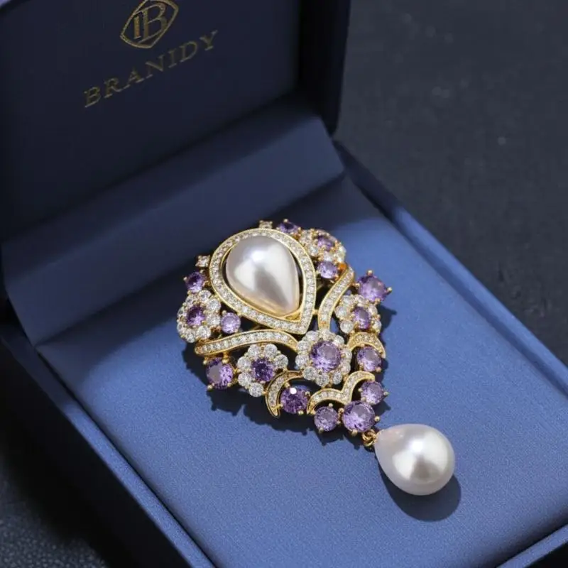 Chic Violet Pearl Pendant Brooch with Rhinestones for Classy Dinner Outfits