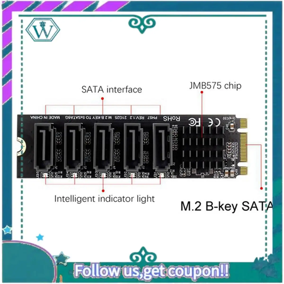 A75Q-4X M.2 NGFF B-Key SATA Change 5 Port Expansion Card 6Gbps Expansion Card JM575 Chipset