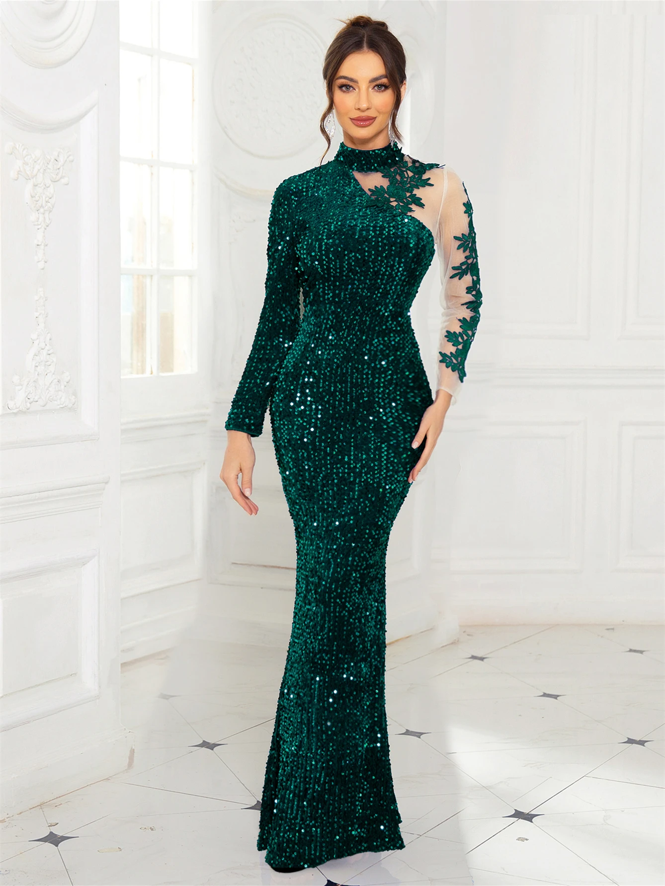 Royal Blue Full Sleeved Lace Floral Sequined Velvet Evening Dress High Neck Hollow Out Long Prom Gown