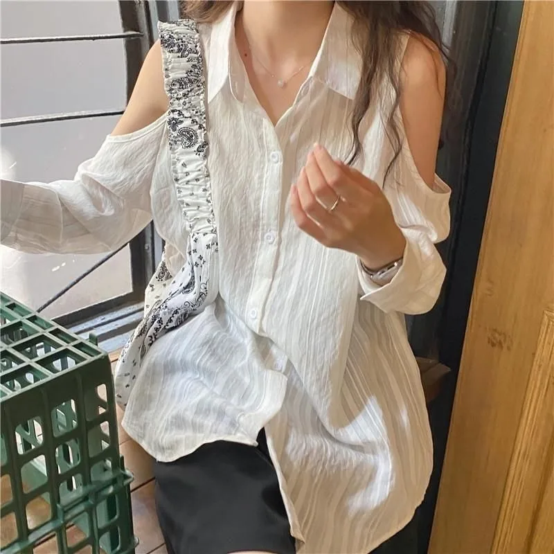 

QWEEK White Oversized Off Should Shirt Woman Stripe Casual Blouses Summer Korean Fashion Elegant Youthful Chic Aesthetic 2024