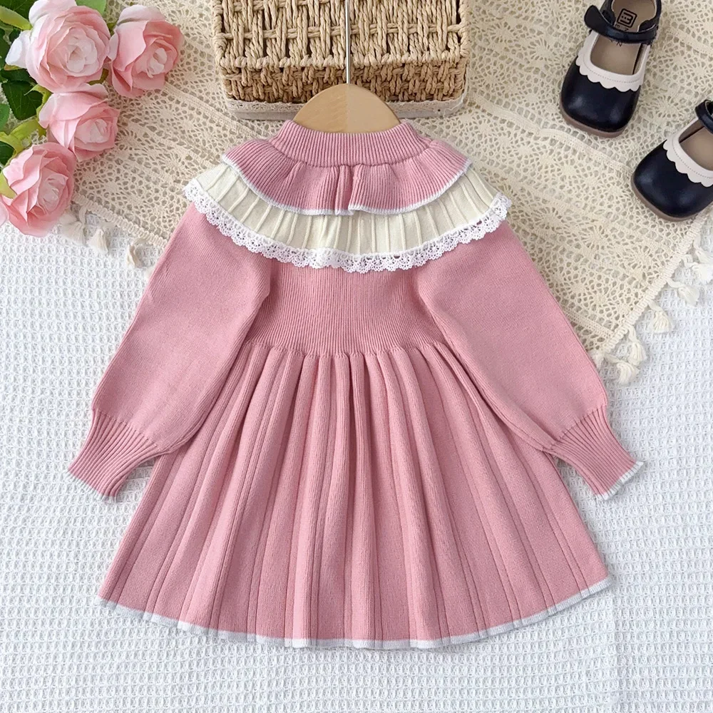 Bear Leader Kids Dresses for Girls Pink Patchwork Lace Border Bow Princess Sweater Dress Winter New Children\'s Clothing