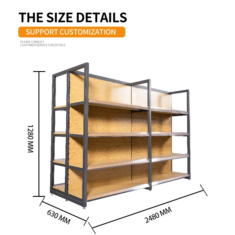 Snack Heavy Duty Double-Sided 4-Layer Wood & Metal Supermarket Rack Multi-Layer Display Retail Gondola Shelving