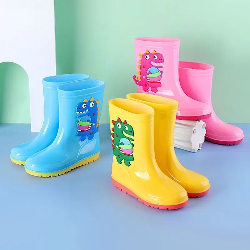 

Cute Cartoon Dinosaur Rain Boots for Kids Lined Waterproof Non Slip Mid Calf Boots Toddler To Big Kid Unisex Fun Outdoor Wear