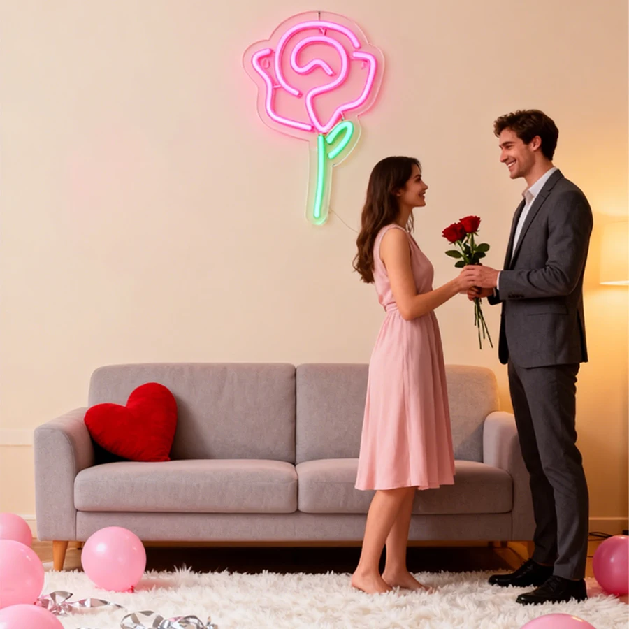 لافتة نيون LED على شكل زهرة، وردة وردية مع أيقونة جذعية خضراء، تستخدم لغرفة النوم، والإكسسوارات المنزلية، ومتجر الزهور، والحفلات، وديكور العطلات. #3