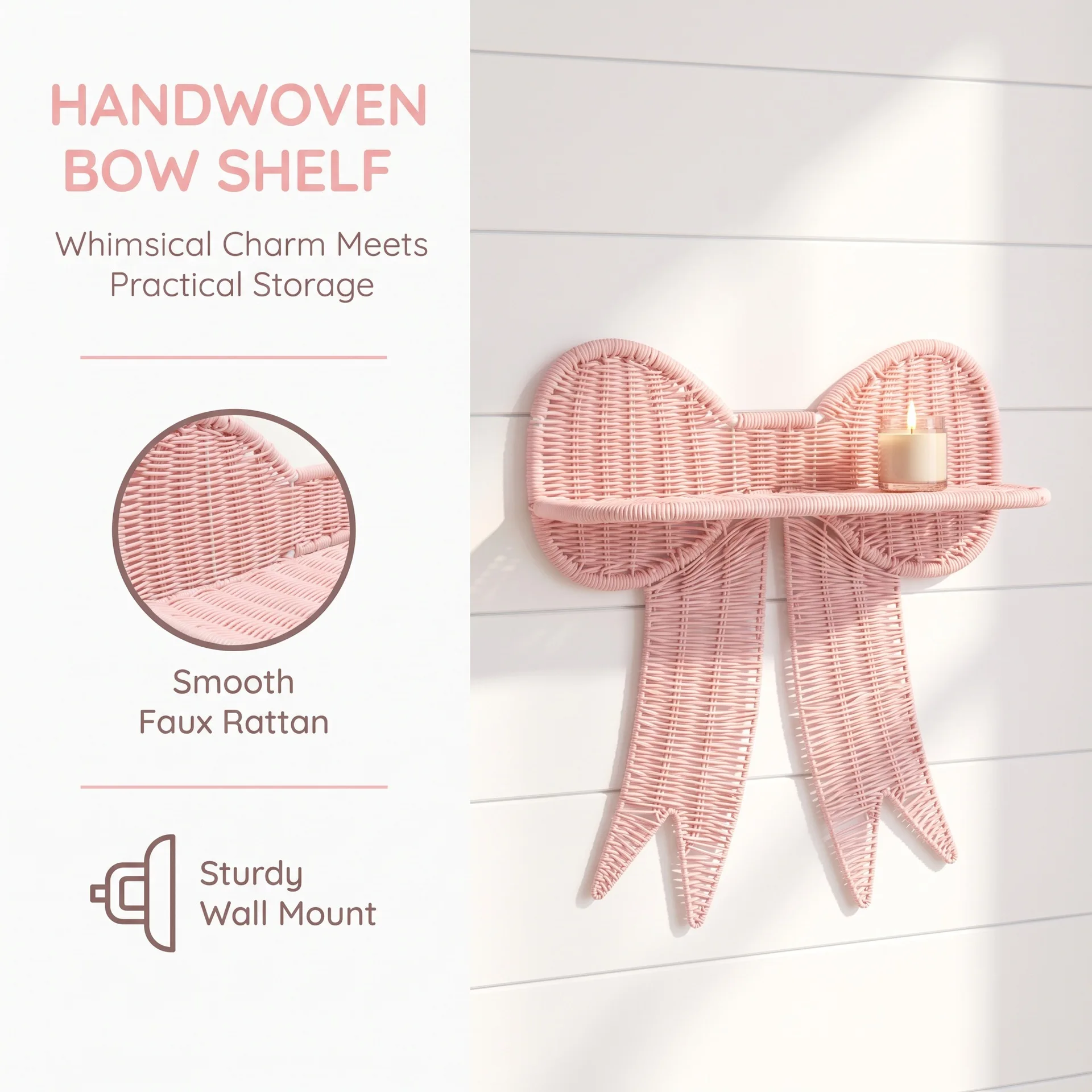 Hand Woven Synthetic Rattan Bow Wall Shelf, Cute Bowknot Floating Display Rack Wall Mount for Nursery Bedroom Home Decor