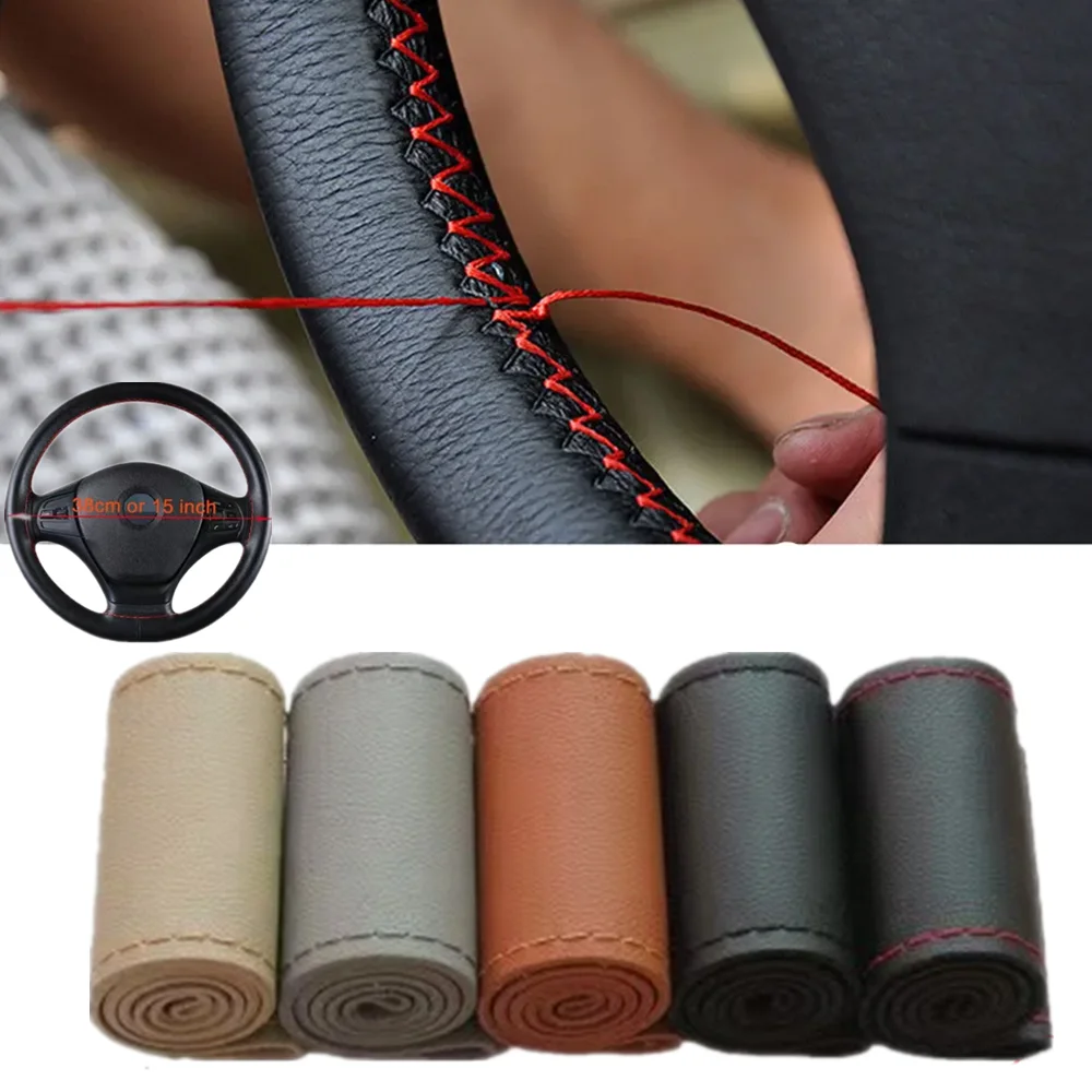 

Car Leather Steering Wheel Cover 38CM DIY Hand Sewn Steering Wheel Needle Thread Cover Anti slip Breathable Protective for Car