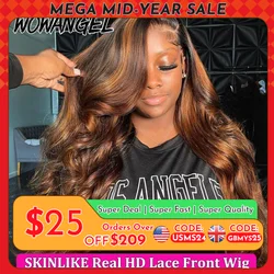 Wow Angel 250 % Ombre Highlight-Perücke, 13 x 6 HD-Spitze-Front-Perücke, tiefer Teil, gewellt, Echthaar-Perücke, Schmelzhäute, natürliche Kopfhaut für Frau