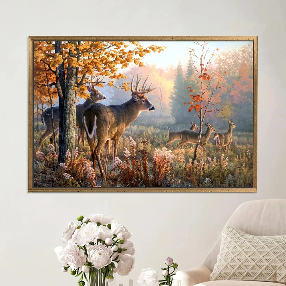 (بدون مؤطرة) الغزلان قماش جدار الفن ريفي قماش اللوحة طباعة الغزلان في الخريف الغابات المشهد صور المشارك الفني الحديث Ho