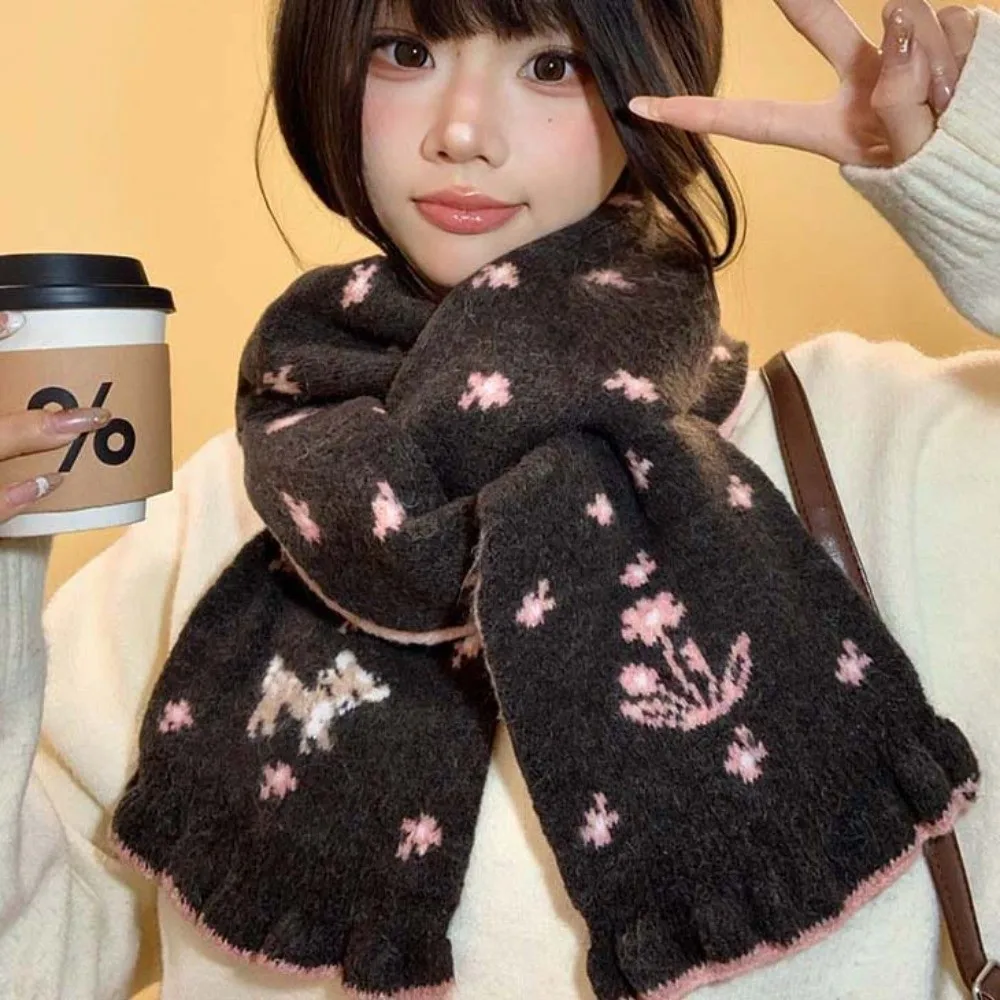 Double Sided Deer Knitted Scarf Throat Guard Thickened Yarn Reversible Warm Neckerchief Elegant Pattern Chic Shawls