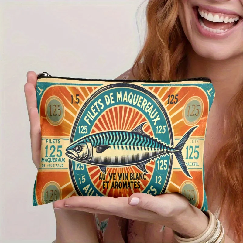 1pc French Sardine Tin Zipper Pouch - Durable, Fade-Resistant Canvas Organizer Bag with Vibrant Fish Design, Ideal for Cosmetics