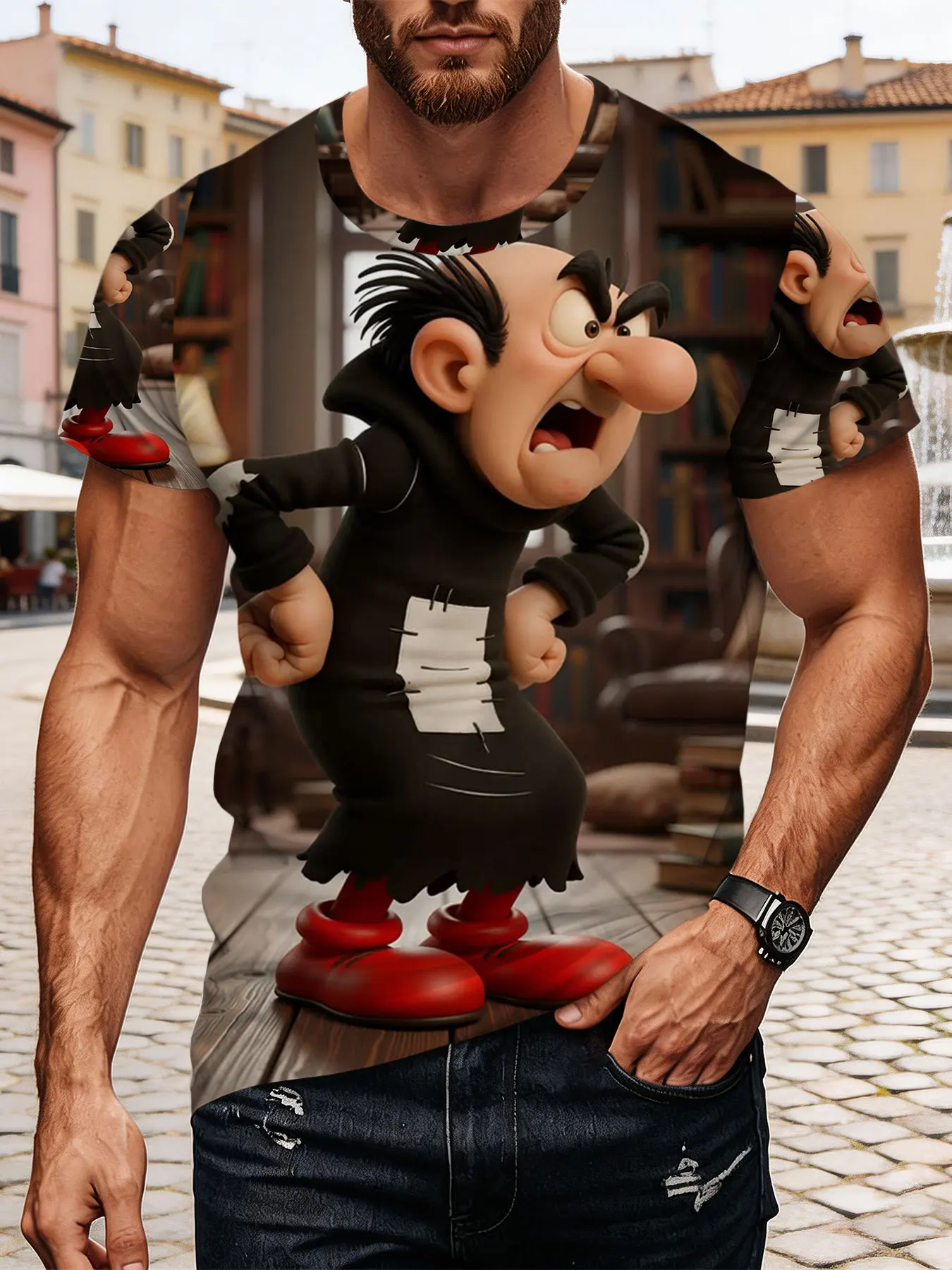 Camiseta divertida con personaje de dibujos animados de Gargamel - Poliéster transpirable, cómoda y unisex para uso casual durante todo el año, perfecta para actividades al aire libre