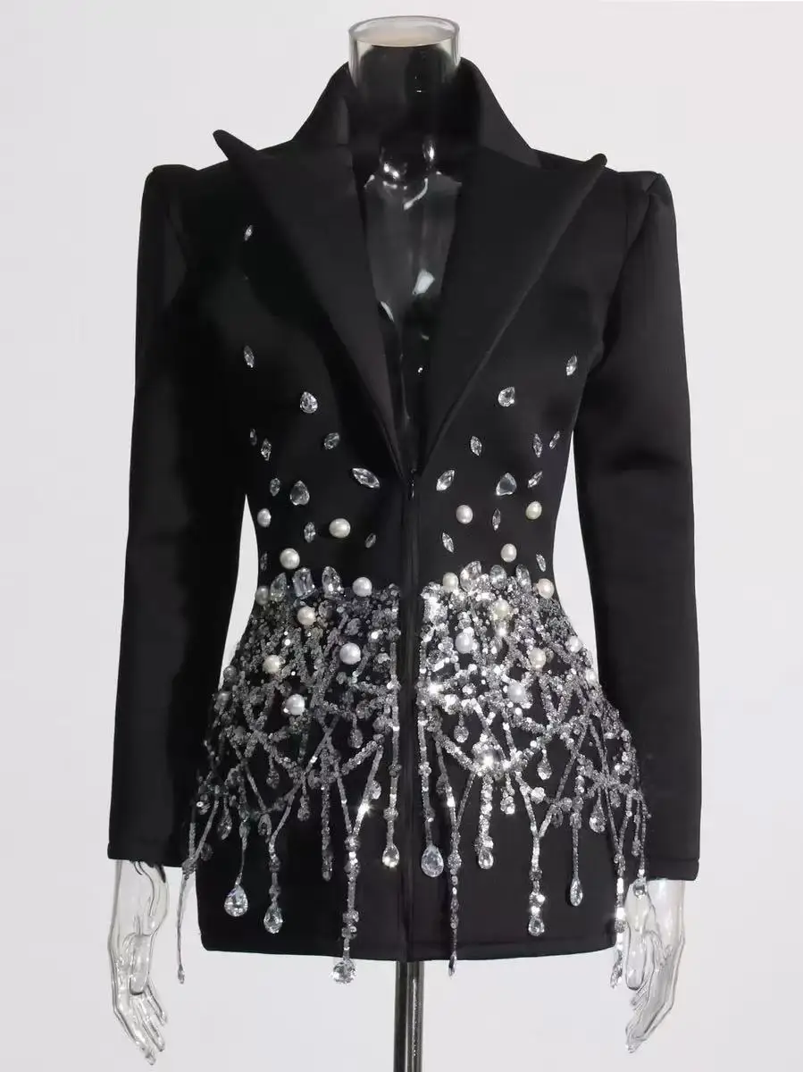 Rhinestone Inlay Celebrity-Style Suit Dress Decorative Design Women's Fashion Evening Gown