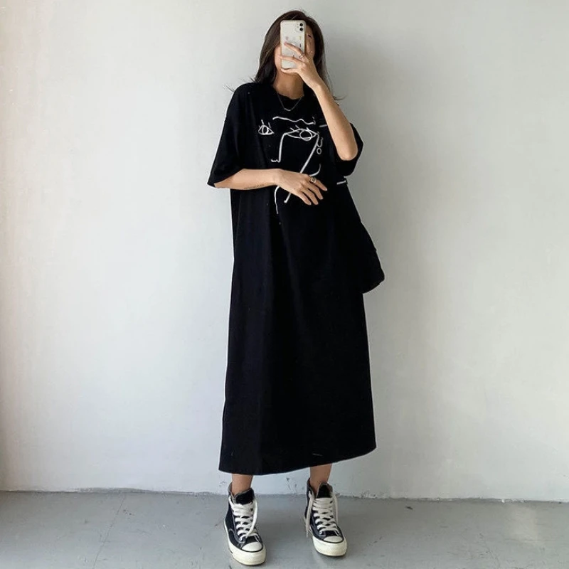 Summer Casual Loose Short Sleeve Women's Dress T-Shirt Style Knee-Length plus Size Midi Long Dress Versatile Slimming Effect
