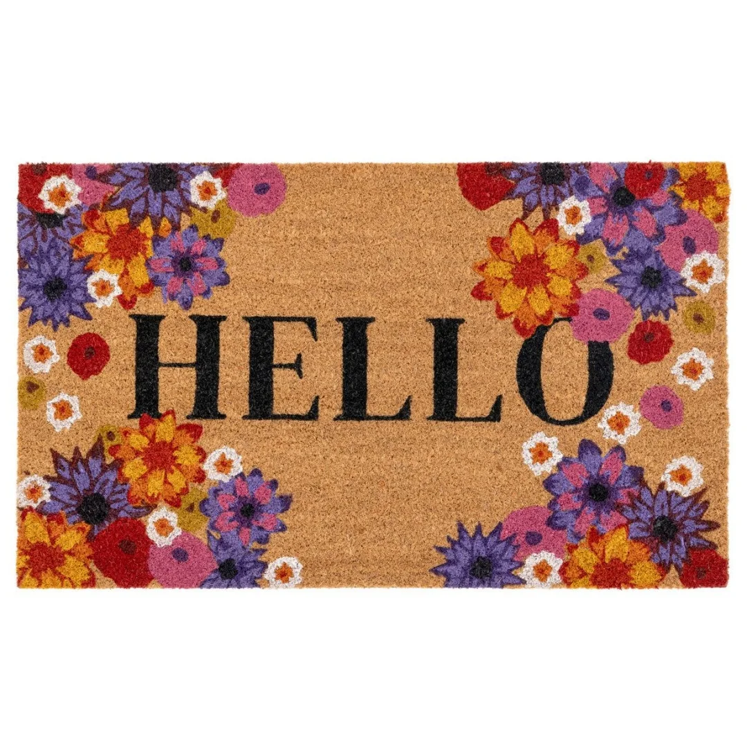 Hello Bright Floral Coir Door Mat Vibrant Multicolor Flower Print Indoor Outdoor Front Entryway Welcome Doormat Home Rug