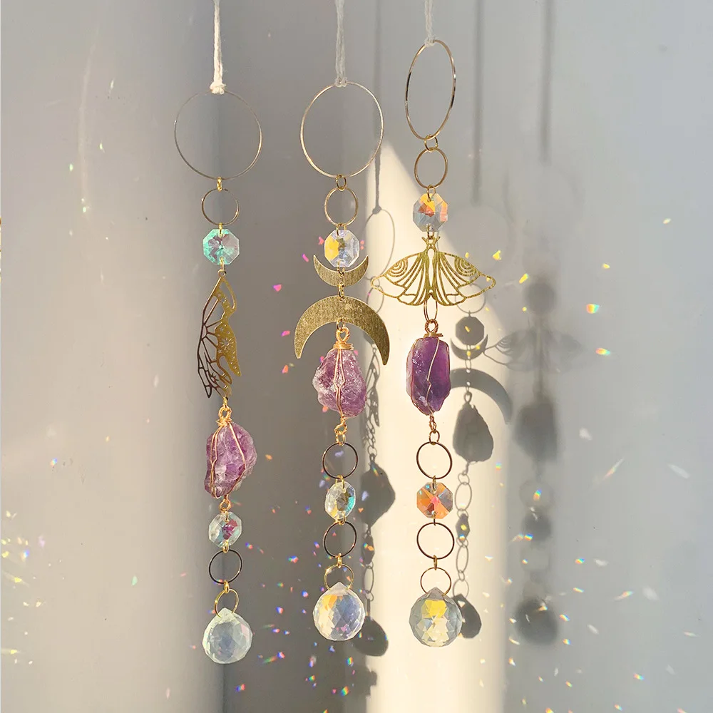 Custom Amethyst Rough Stone Moth Sun Catcher - Glass Pendants Hanging Ornament for Window Decor