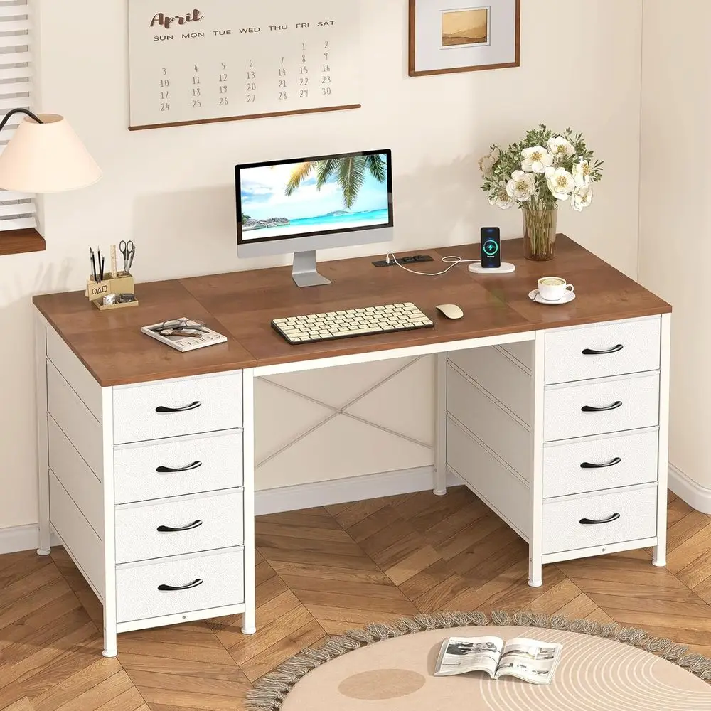 

50 50-Inch Dual-Tone Home Office Desk with 8 Fabric Drawers and Built-In Power Outlets for Study, Work, and Gaming Customized