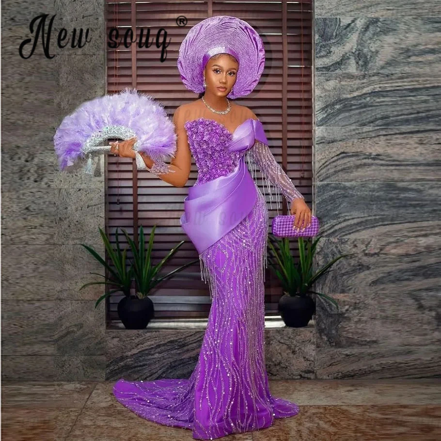 

Aso Ebi фиолетовое платье с полными бусинами, искусственное платье, свадебные платья для невесты, платья для черной девушки, вечернее платье ручной работы из Дубая с объемными цветами