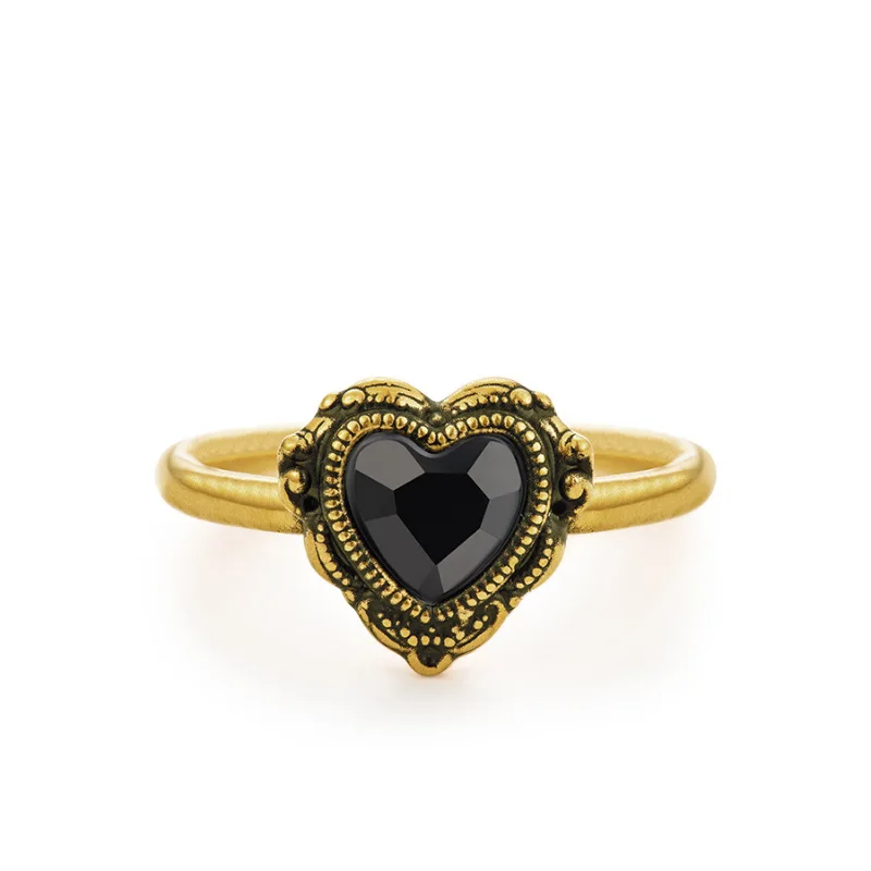 VENTFILLE-Anillo de Plata de Ley 925 con corazón de amor para mujer y niña, sortija de encaje Retro de circón negro, regalo de joyería versátil, envío directo