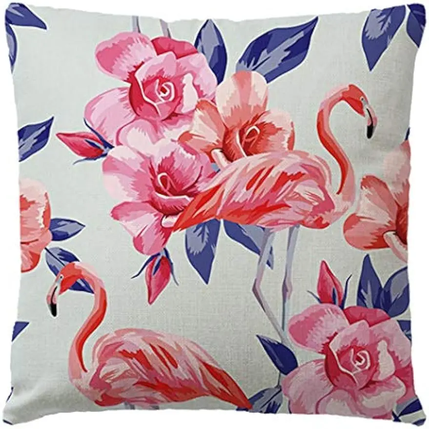 Rose throw pillowcase pink flamingo with tropical plants, cushion cover home décor pillowcase 40x40 cm for sofa