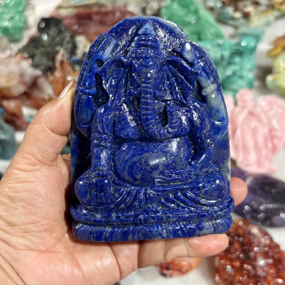 Natural Lapis Lazuli Ganesha Carving, Hand Carved Crystal Elephant God Figurine, Hindu Deity Statue, Altar Decor, Spiritual Gift