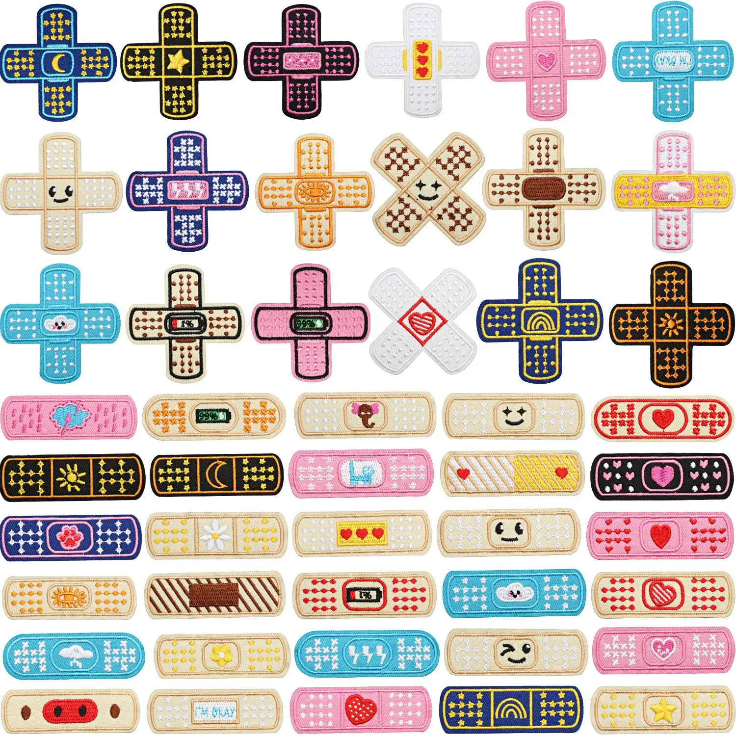48 Styles Lovely Band-aid Iron on Patches for Caps Shoes Bags Wallet Decor Cross Shaped Adhesive Bandage Stripe Plaster Applique