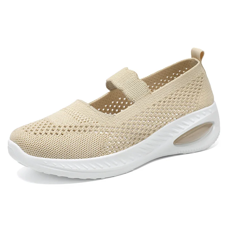 Women Mary Jane Slip On Shoes Knitted Mesh Breathable Upper Air Cushion Rocker Sole Shockproof Non Slip Walking Casual Sneakers