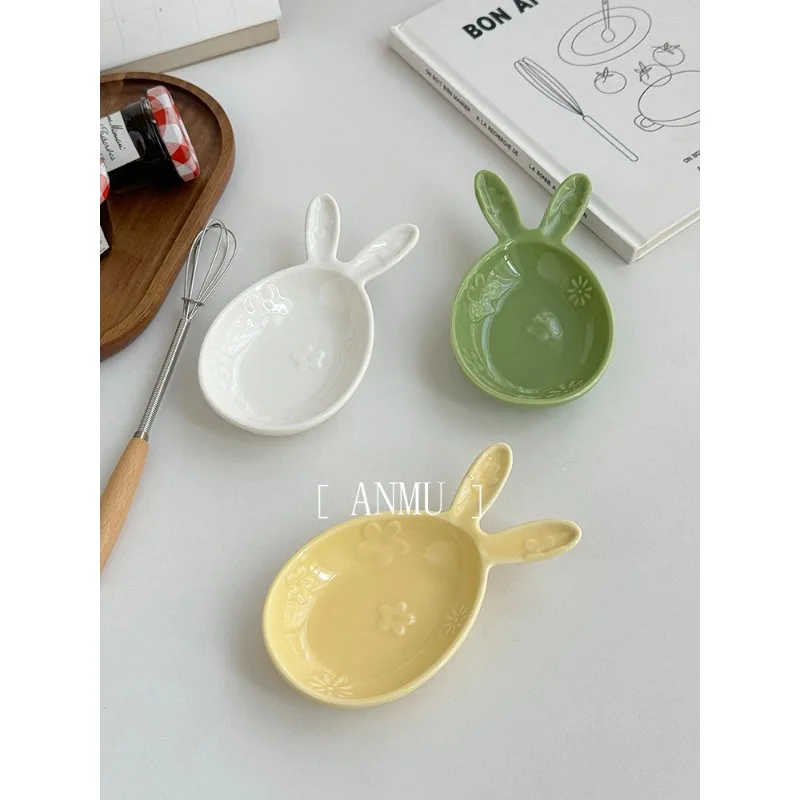 Japanese Ins Style Cute 3-color Rabbit Ear Relief Flower Ceramic Small Flavor Dish Dipping Dish Home Kitchen Supplies