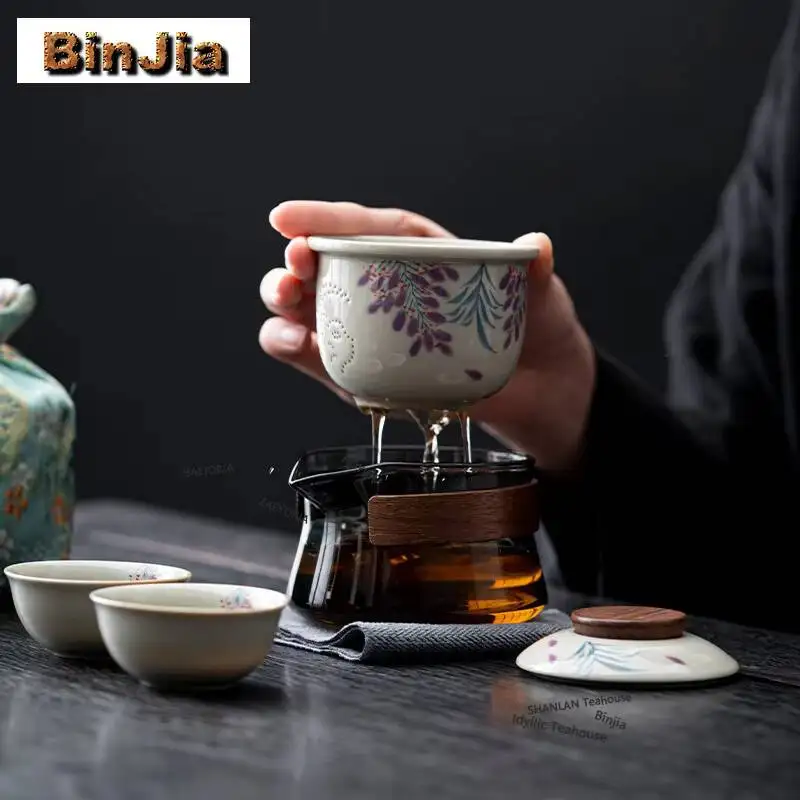 Hand-painted Underglaze Colour Travel Tea Set Kit Retro 1 Pot 3 Cups Tea Maker Organizer Portable Picnic Tote Bag Decoration