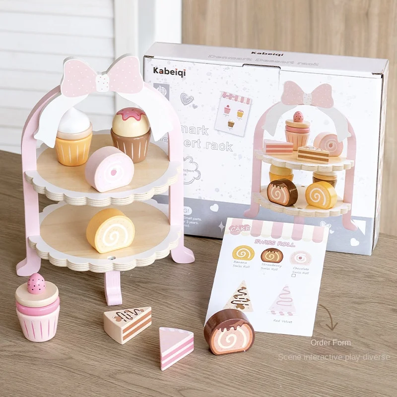 LazyChild Kids Wooden Imitation Danish Noble Pink Dessert Stand Pretend Play Cake Snack Afternoon Tea Kindergarten Toy