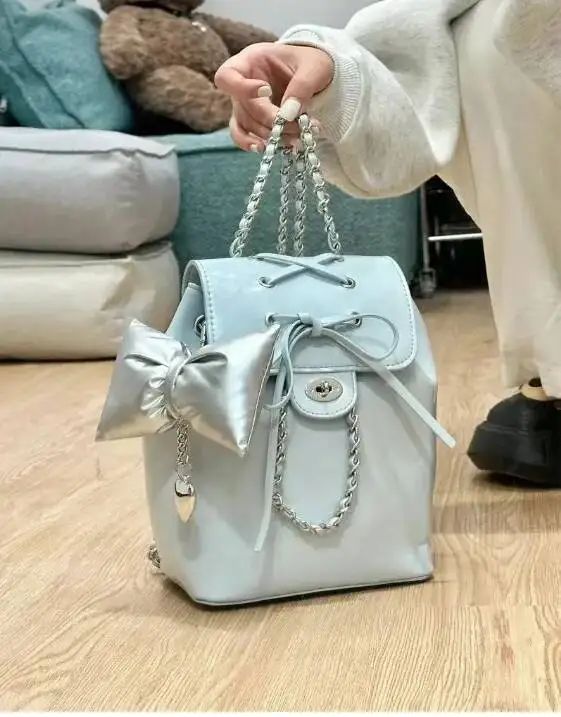 Bloom Haruku Blue Mochila Women 2025 Vintage Leather Chain Bow Mini Backpacks Hot Girls Retro Fashionable Backpack Aesthetic